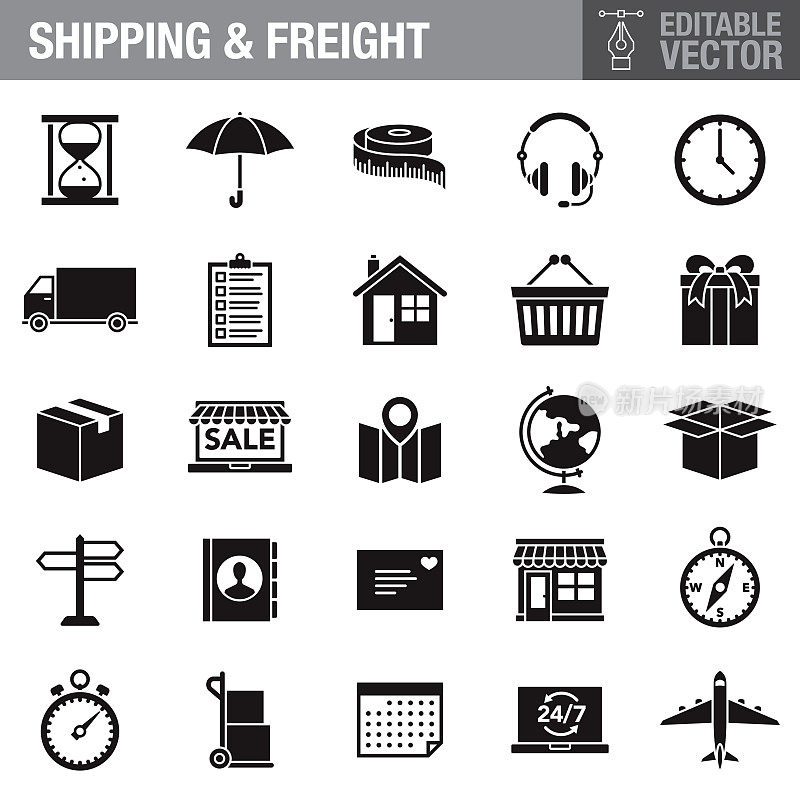 运输和货运黑色字形图标集