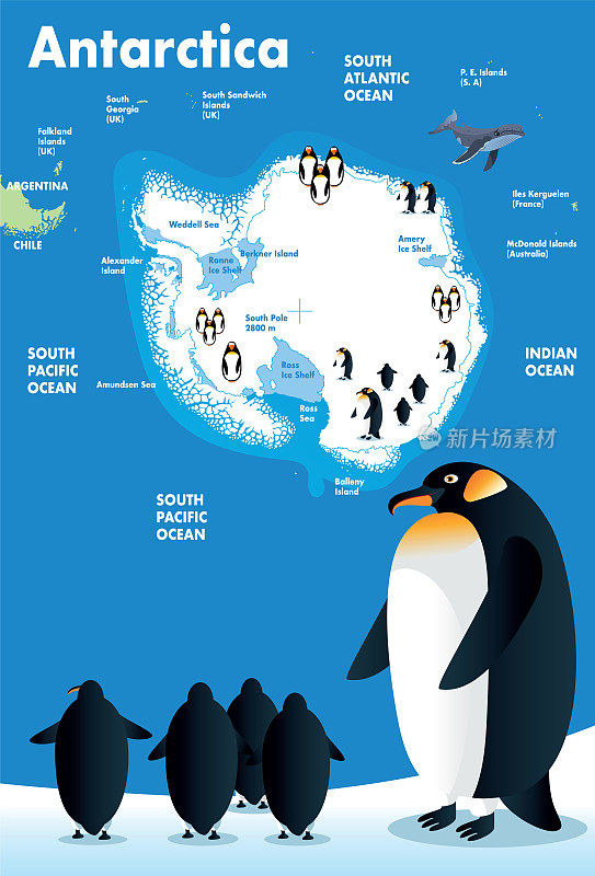 南极洲地图与企鹅