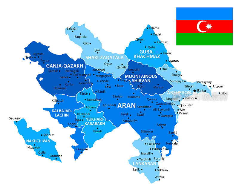 阿塞拜疆国旗地图。矢量蓝色插图与区域和资本