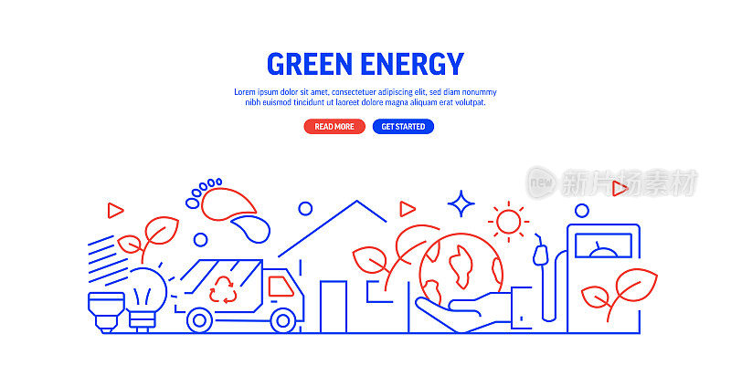 绿色能源相关网站横幅线条风格。现代线性设计矢量插图的网站横幅，网站标题等。