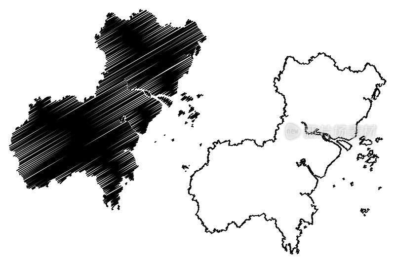 温州市(中华人民共和国，浙江省)地图矢量插图，涂画永嘉市、瑶丘、瑶丘地图