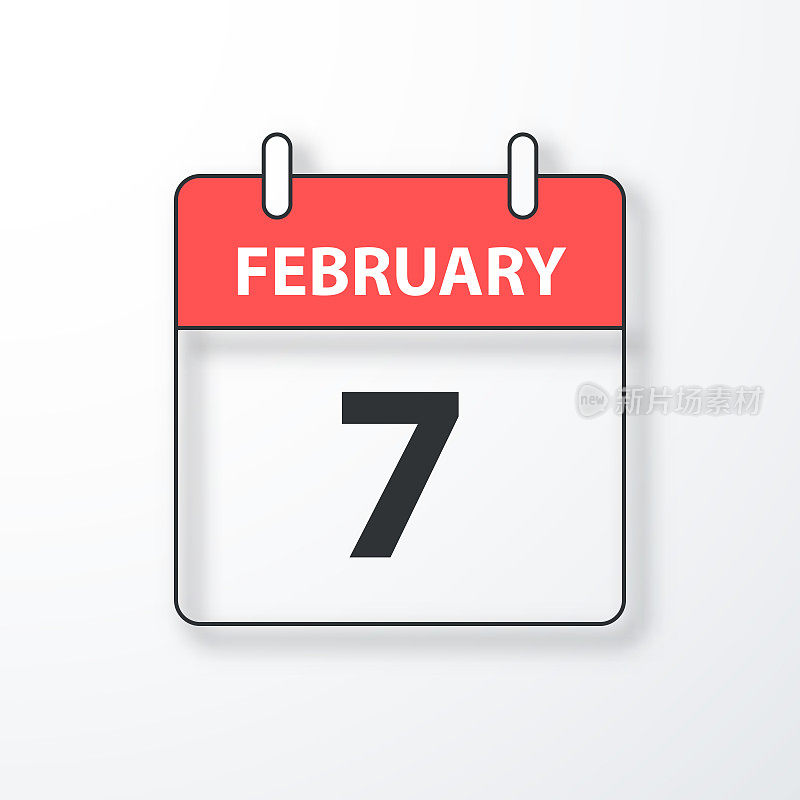 2月7日-每日日历-黑色轮廓与阴影在白色的背景