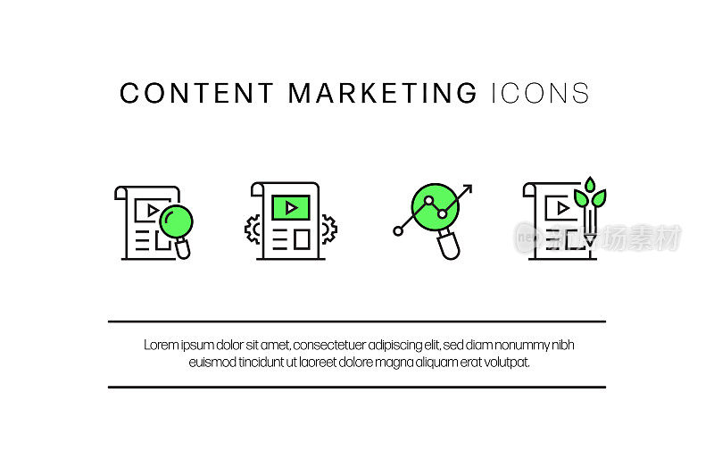 内容营销平面线图标，轮廓向量符号插图。