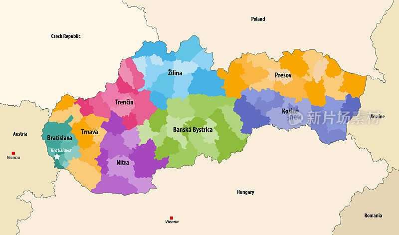 斯洛伐克各区(okresy)以区域为颜色的矢量地图，与邻国和领土