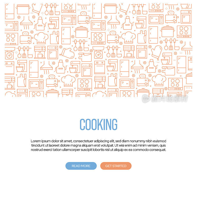 烹饪相关旗帜设计与模式。现代线条风格图标矢量插图