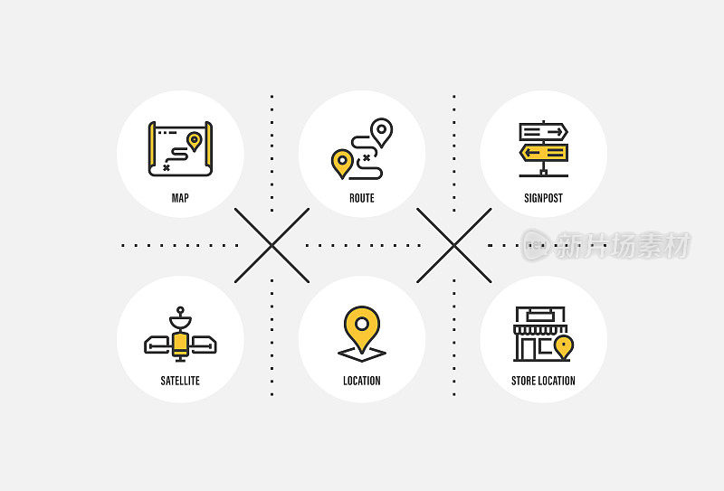 信息图表设计模板。地图，路线，路标，卫星，位置，商店位置图标与6个选项或步骤。
