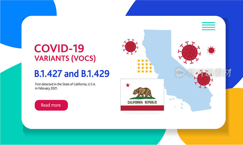 Covid-19加州变体网页横幅设计模板与放置文本和病毒突变的起源国家