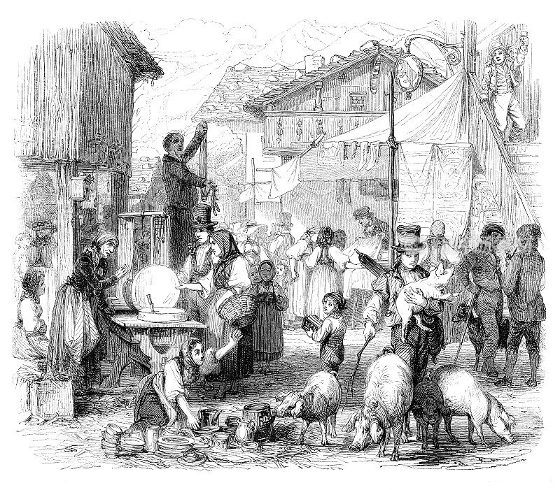 1850年，瑞士布里恩茨村的集市上，人们在出售商品