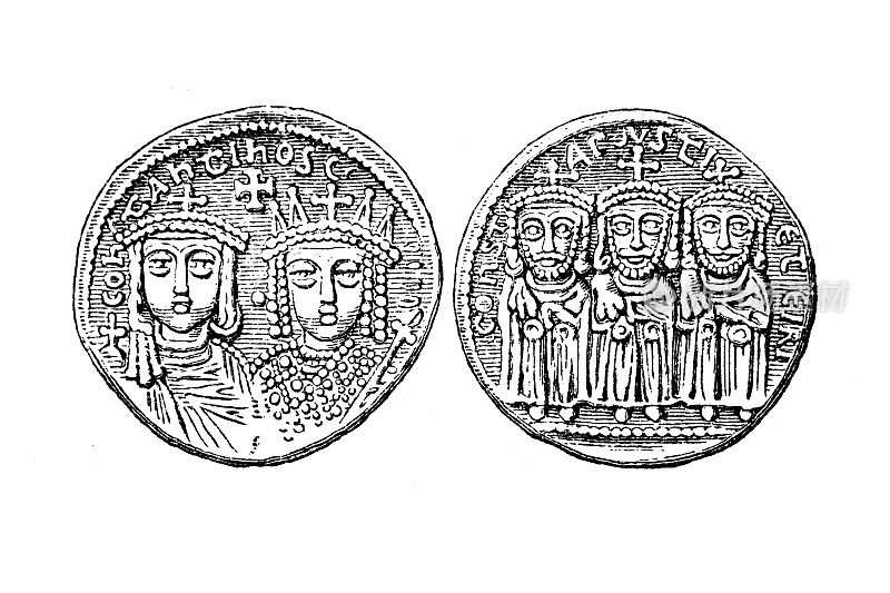 君士坦丁六世和艾琳。公元780-797年AV固相。君士坦丁堡硬币和利奥三世，君士坦丁五世和利奥四世面对面坐着，都戴着皇冠