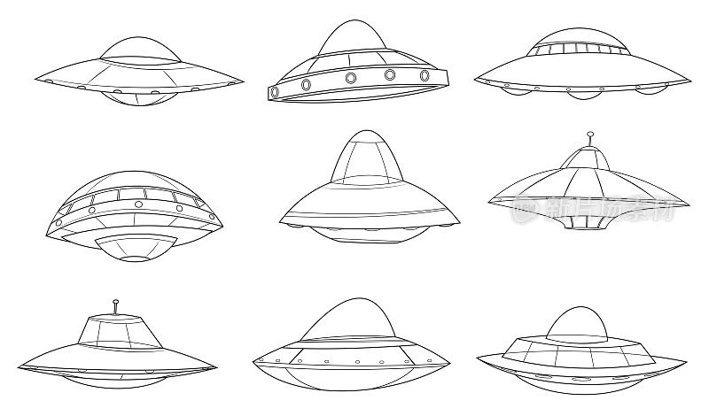 黑白，一组卡通有趣的外星人飞船