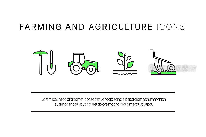 农业和农业相关的线图标，轮廓向量符号插图。