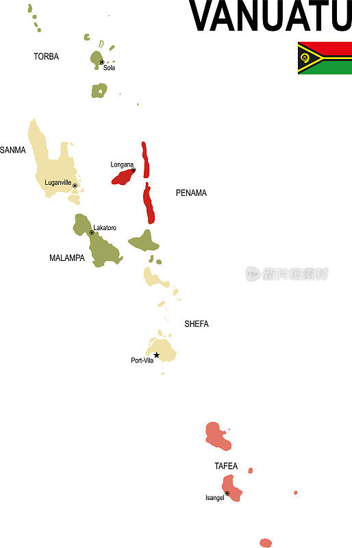 瓦努阿图彩色平面地图与旗帜