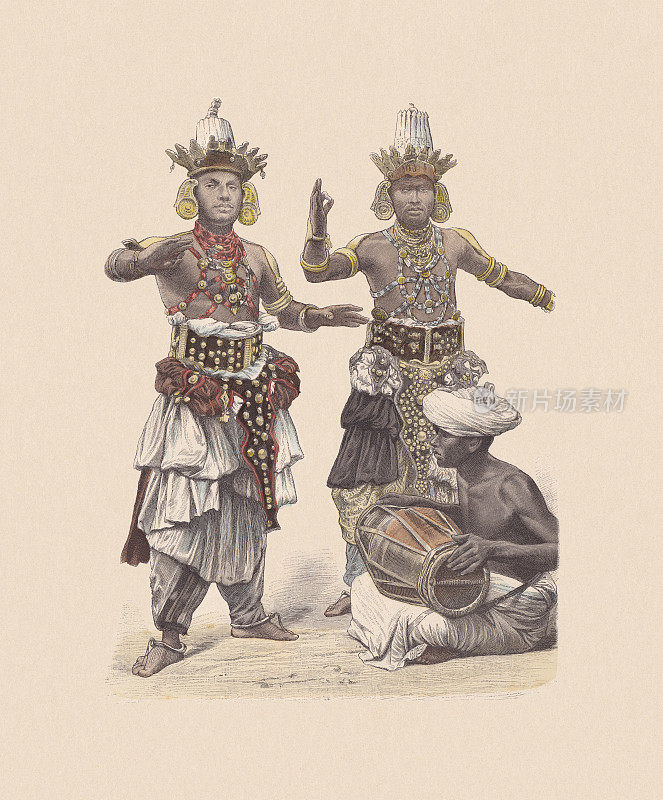 19世纪，亚洲服饰，手工着色木刻，大约1880年出版
