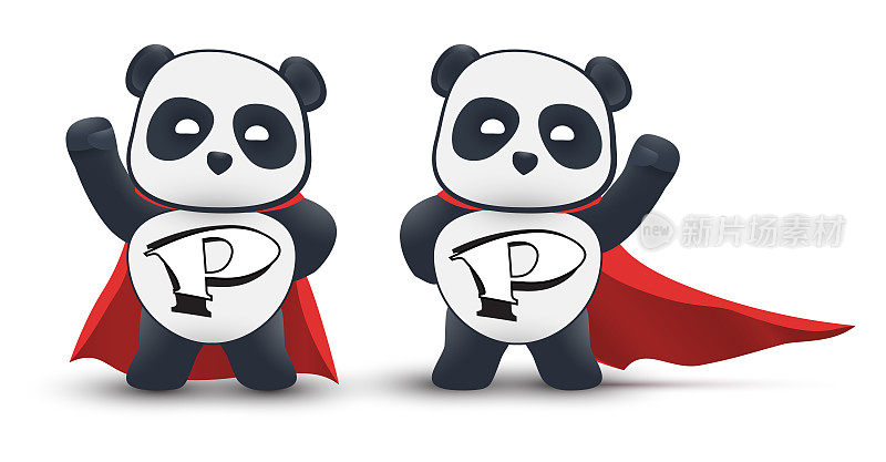 小熊猫超级英雄穿着红色的斗篷在空中飞行。在白色背景上隔离