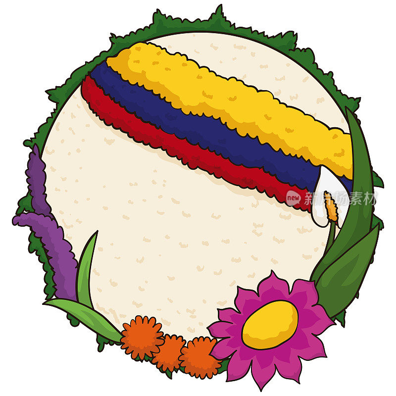 圆形设计的西莱塔与哥伦比亚国旗和美丽的花朵