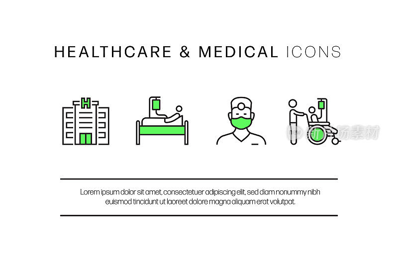 医疗保健和医疗平面线图标，轮廓矢量符号插图。