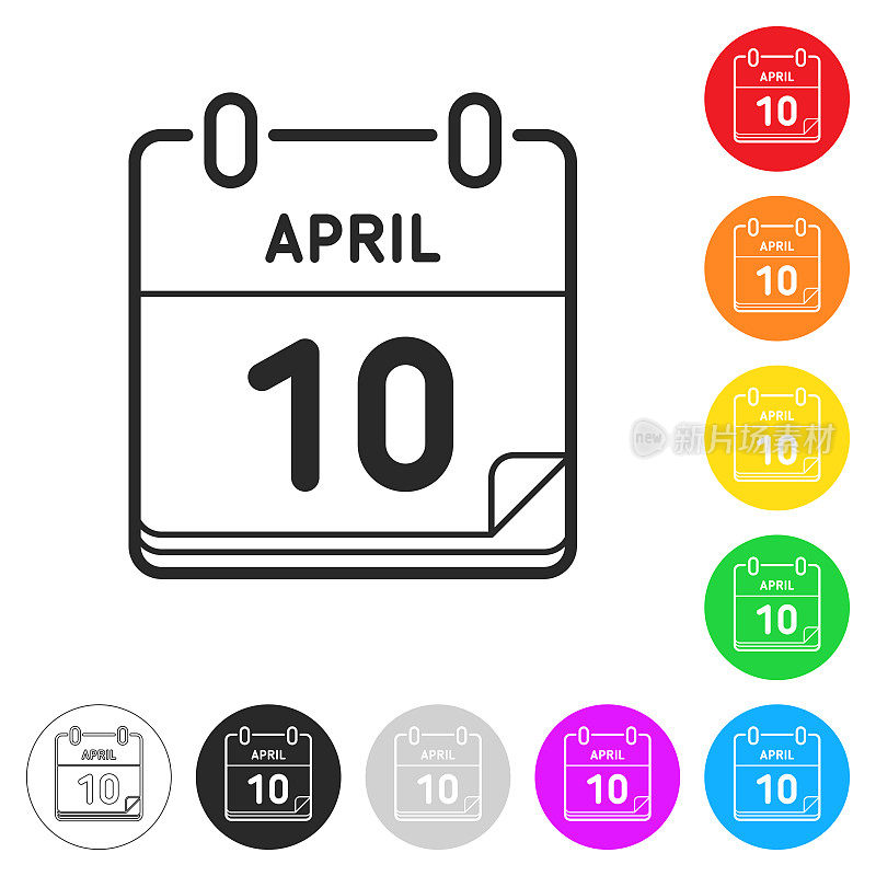 4月10日。按钮上不同颜色的平面图标