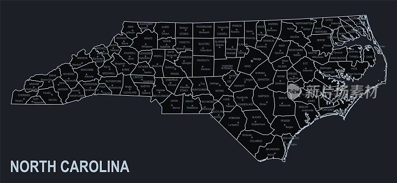 北卡罗莱纳州的平面地图，以黑色为背景的城市