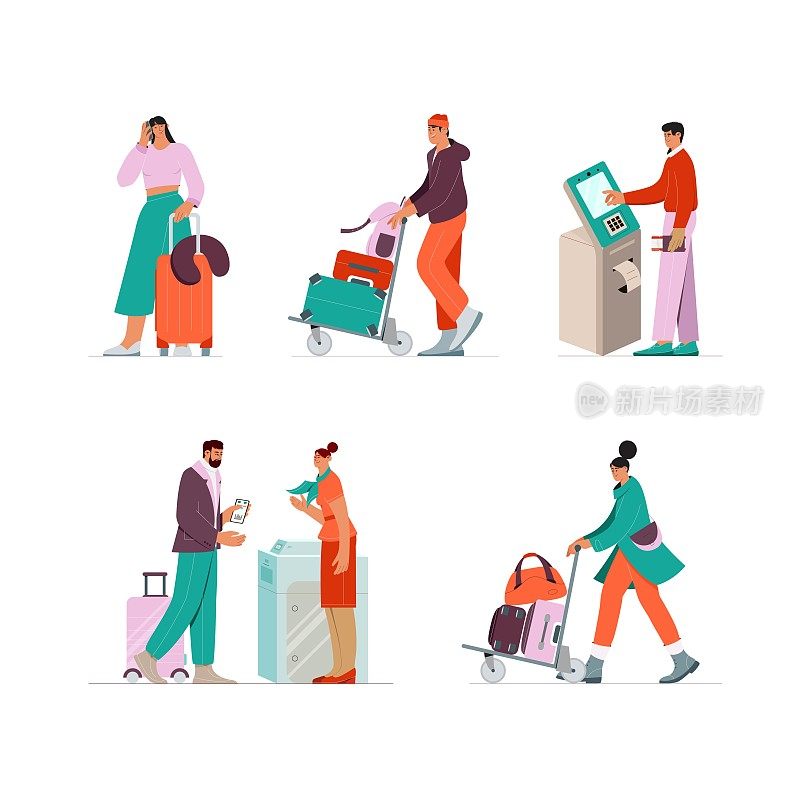 布景与人在机场，走行李，登记，等待航班，打印登机牌。矢量图