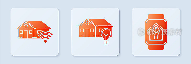 设置智能房子和灯泡，智能家庭与wi-fi和智能手表与智能房子和灯泡。白色正方形按钮。向量