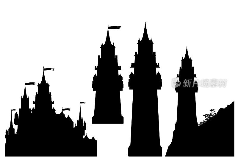 中世纪的幻想城堡和塔详细的黑白矢量剪影设置
