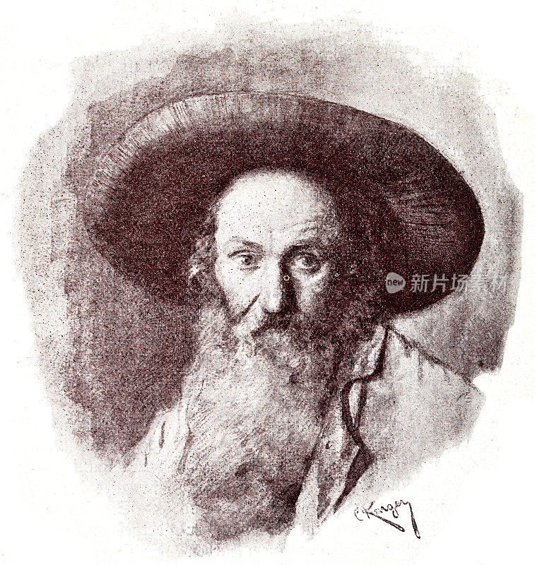 农夫肖像，长胡子，帽子，正面视图