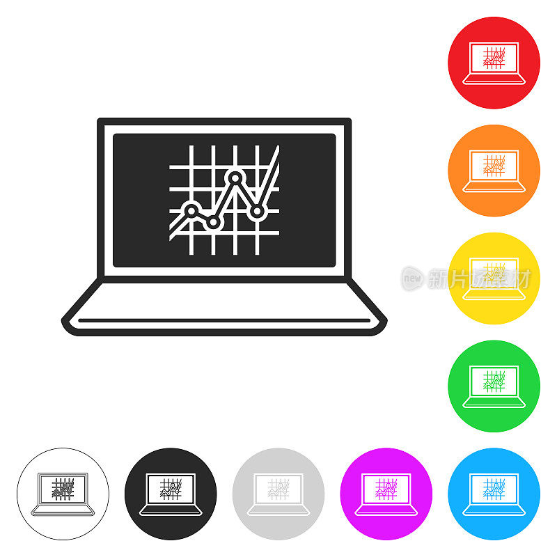 笔记本电脑图。彩色按钮上的图标