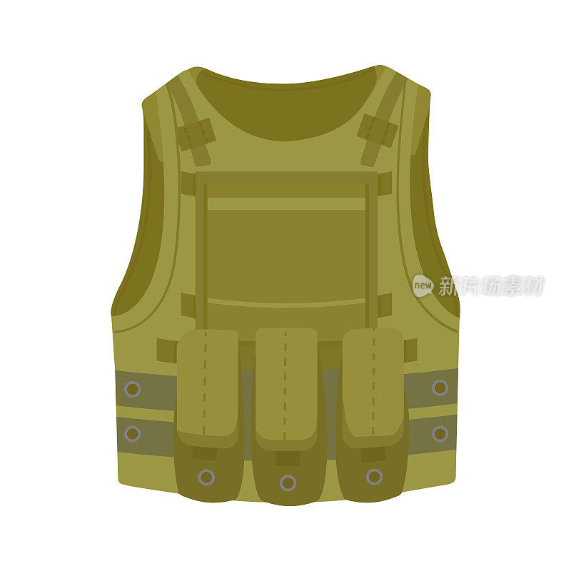 军用防弹背心，警用防护色卡其。防弹衣用来保护身体。矢量图标孤立。