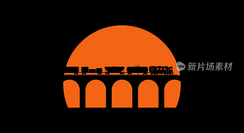 夕阳西下，旧拱桥上货运列车的剪影。平面矢量插图黑色