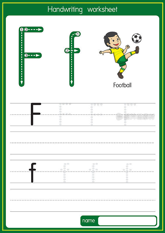 向量插图足球与字母F大写字母或大写字母的儿童学习练习ABC