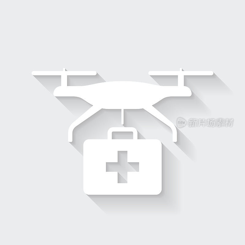 带急救箱的医用无人机图标与空白背景上的长阴影-平面设计