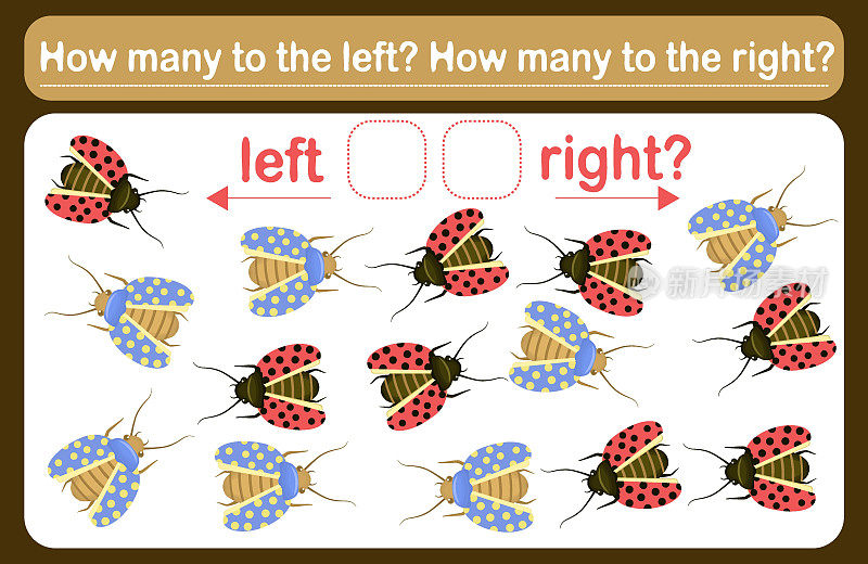 这是一个儿童逻辑游戏，叫做“左或右”。空间定位。培训表。数一数有多少bug被转向了左边，又有多少bug被转向了左边。