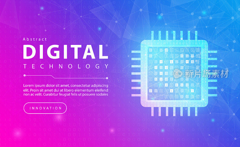数字技术电子芯片旗帜粉蓝背景概念与技术，微处理器计算机电气，未来线光效果，抽象技术，插图矢量图形设计