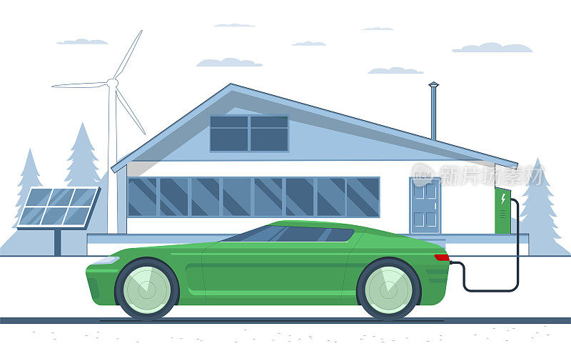 配备电动汽车的现代能源自主住宅。矢量插图。