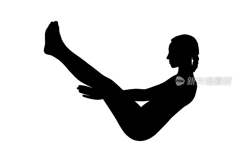 瑜伽锻炼腹肌和平衡。女人轮廓练习Navasana为强壮的腹肌。矢量插图
