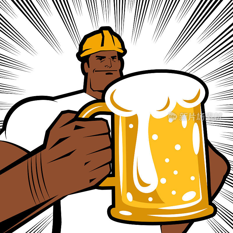 一名蓝领工人戴着工作头盔，举起酒杯加入庆祝祝酒辞，漫画效果线条背景