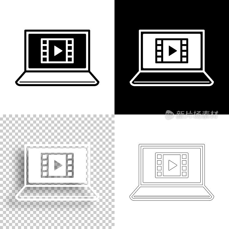 在笔记本电脑上观看视频。图标设计。空白，白色和黑色背景-线图标