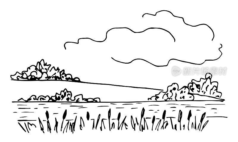 简单的黑色轮廓矢量绘制。夏天的风景,自然。灌木丛和树木，河流和芦苇，天空中的云。草图在墨水。