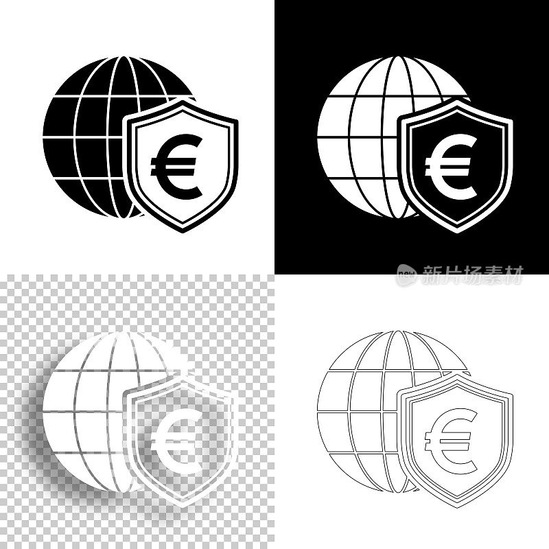 带地球仪的欧元盾。图标设计。空白，白色和黑色背景-线图标