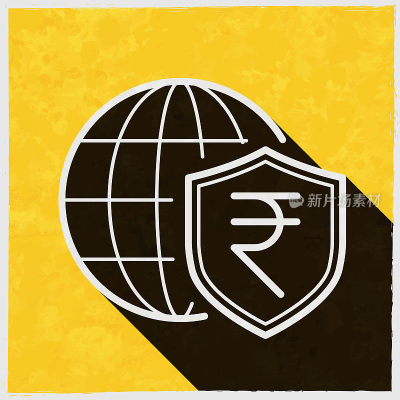 印度卢比盾和地球仪。图标与长阴影的纹理黄色背景