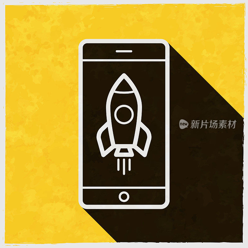 智能手机与火箭。图标与长阴影的纹理黄色背景