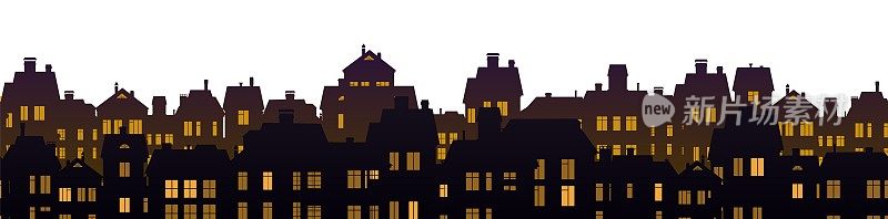 乡村夜房的剪影，明亮的窗户。小城市住宅小区。城市与建筑。孤立在白色背景。住房向量