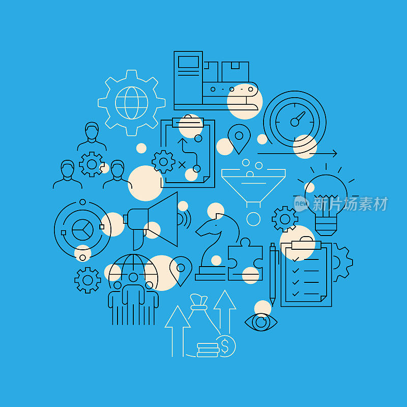 产品管理相关设计要素。使用大纲图标的模式设计。色彩斑斓的矢量图