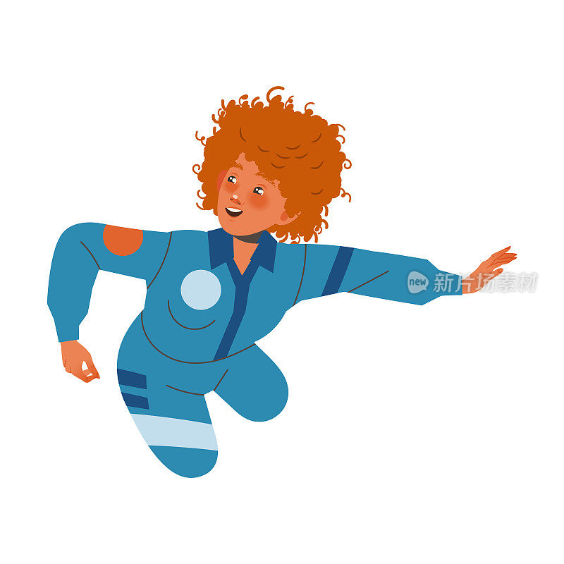 快乐的红发女性宇航员角色在太空中飞行在空中矢量插图