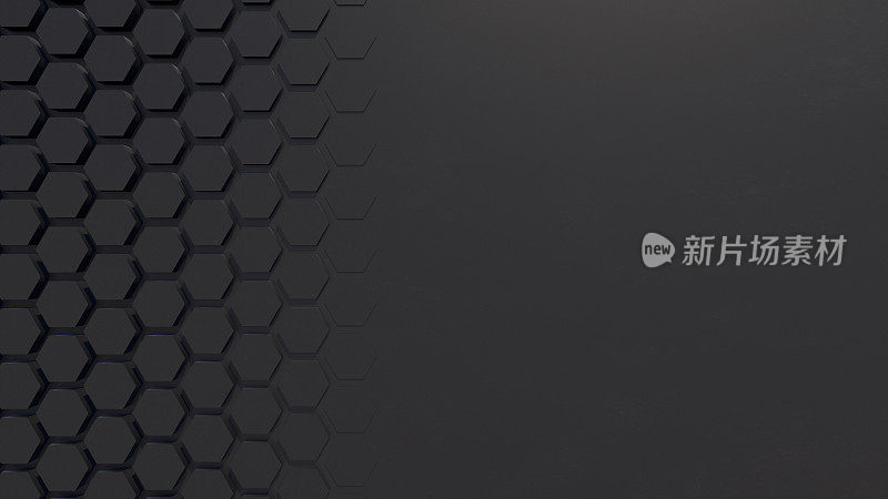 三维六边形抽象背景。黑色网格蜂巢纹理数字未来表面。技术、计算机、网络概念