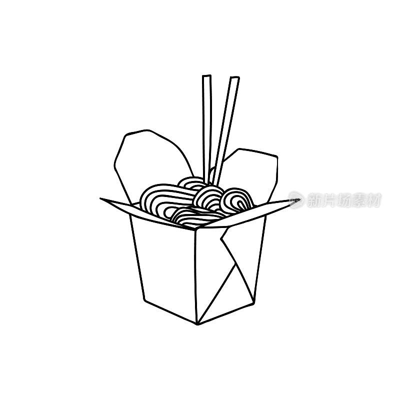 中餐外卖。日本人带走食物在vector。粉条在外卖包装上用筷子涂鸦插图。用筷子在外卖包装上手绘中餐