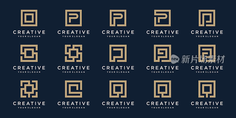 一套Logo设计字母P，和Q的方形风格。向量模板