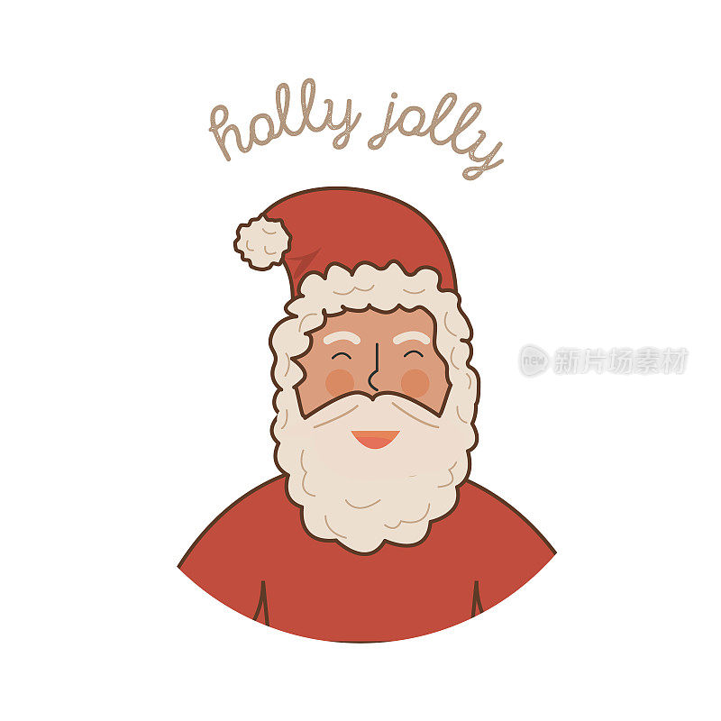 圣诞贺卡上有微笑的圣诞老人。圣诞冬季作文用冬青树欢快的题词和欢快的轮廓彩色字符。矢量平面卡通插图孤立在白色上。