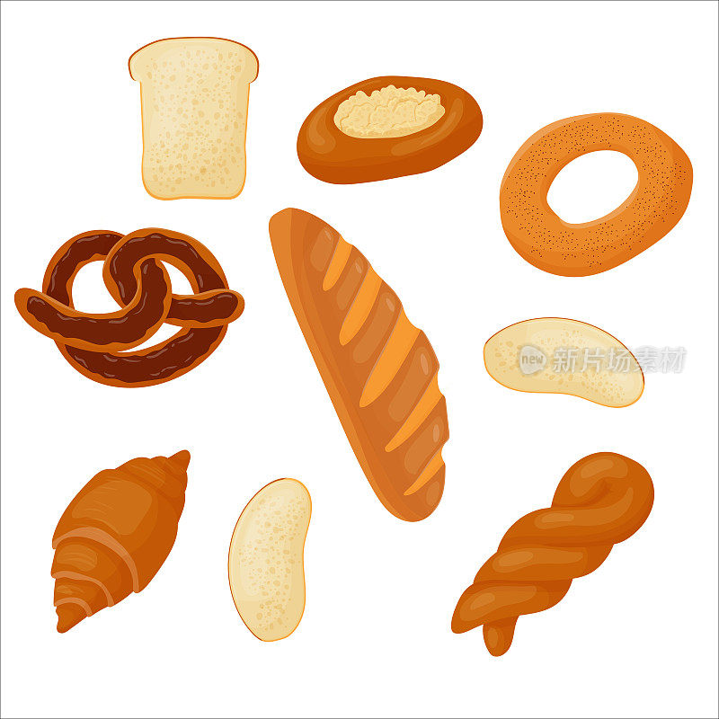 奶油糕点。糖果。早餐吃小面包。面包。面包店。白色背景上的矢量插图。