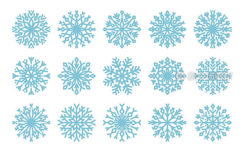 大组不同几何形状的蓝色雪花。雪花冬季设计，雪花装饰，圣诞冷晶雪花。